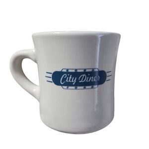 Vtg ULTIMA CHINA Heavy City Diner Style Coffee Mug Restaurant Ware White & Blue